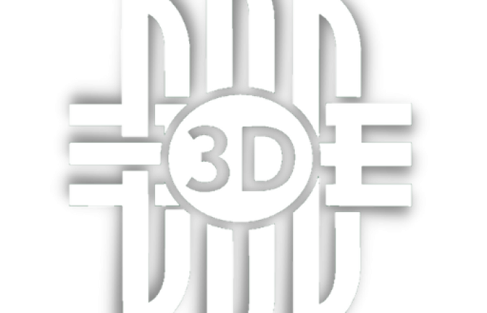 A stylized black and white 3D logo with symmetrical geometric shapes.